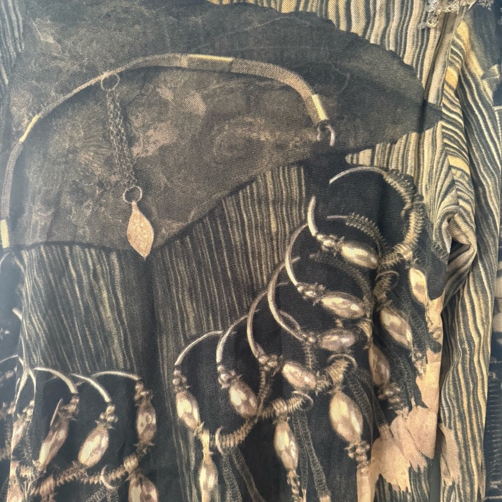 🇨🇦 Linda Lundstrom Artistic Dark Boho Mesh  Long Sleeve Top with Beaded Fringe - Picture 2 of 6